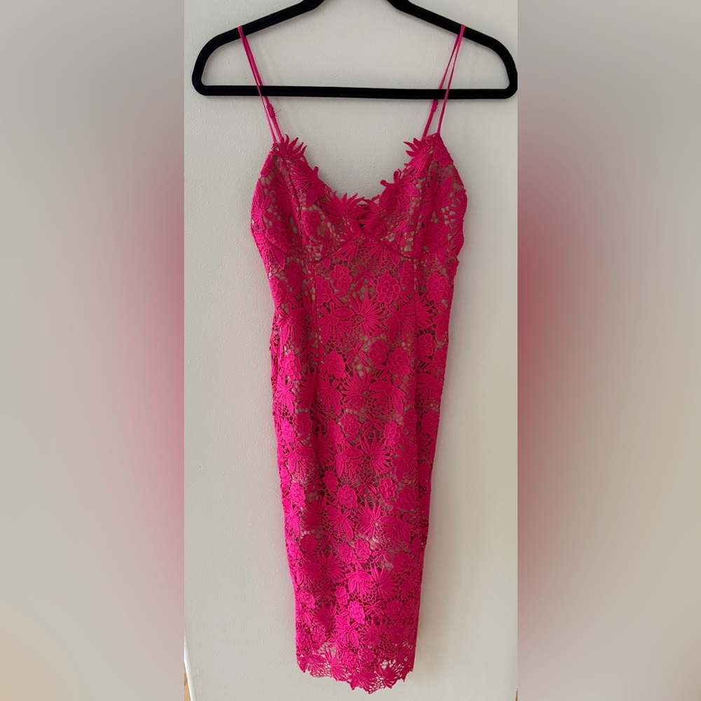 Wedding Guest Bardot Tayla Pink Lace Midi Dress